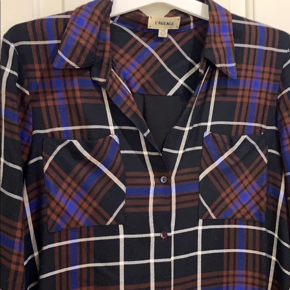 “L’Agence” silk plaid blouse. Size Med